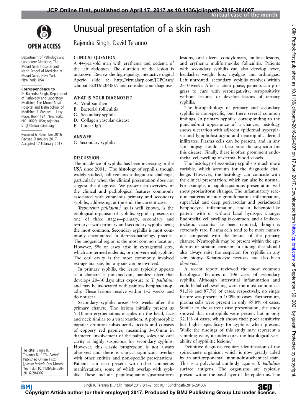 Unusual Presentation of a Skin Rash J Clin Pathol: First Published As 10.1136/Jclinpath-2016-204007 on 17 April 2017