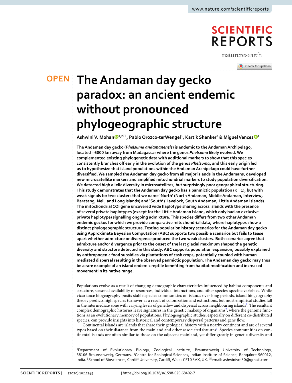 The Andaman Day Gecko Paradox: an Ancient Endemic Without Pronounced Phylogeographic Structure Ashwini V