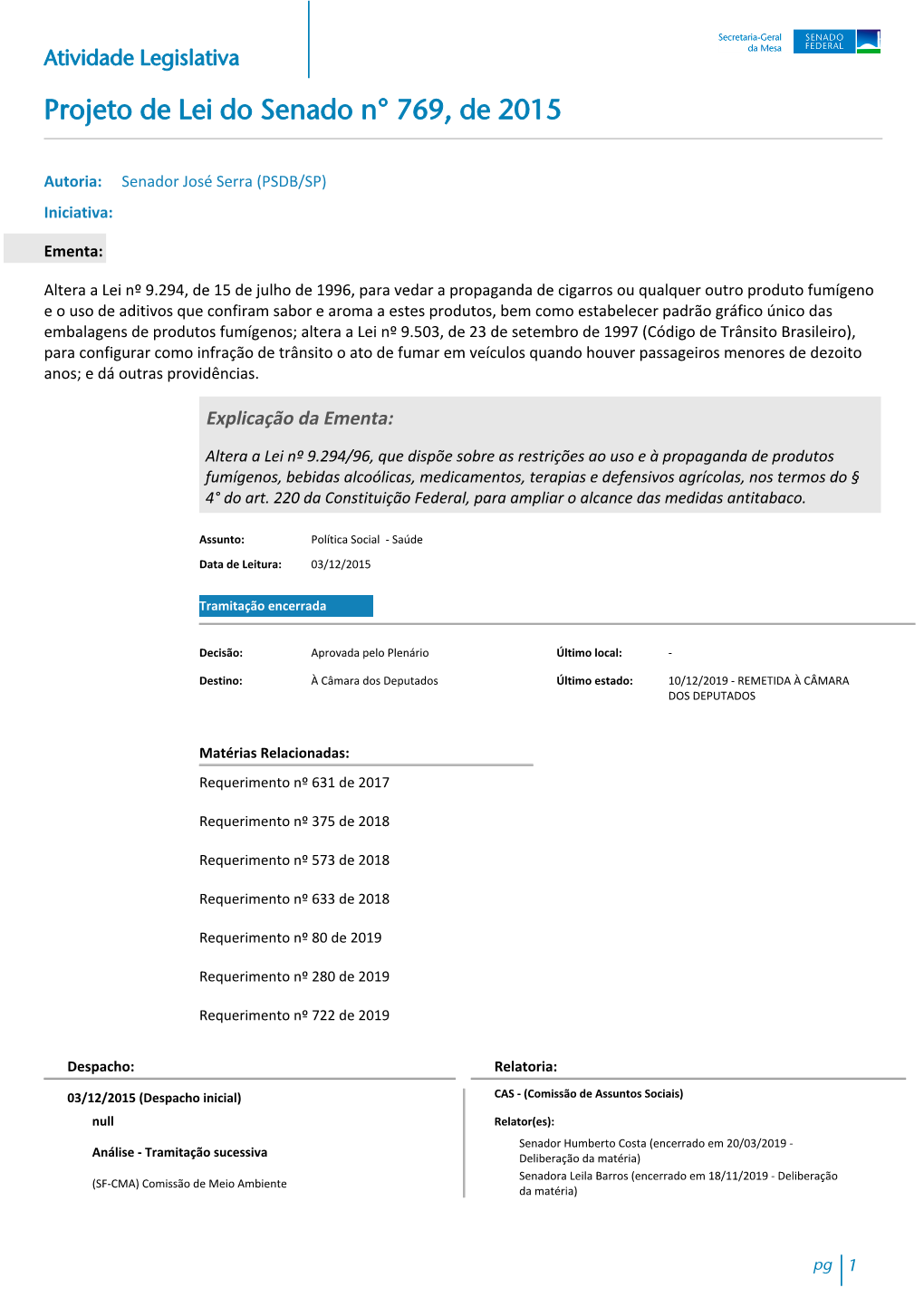 Atividade Legislativa Projeto De Lei Do Senado N° 769, De 2015