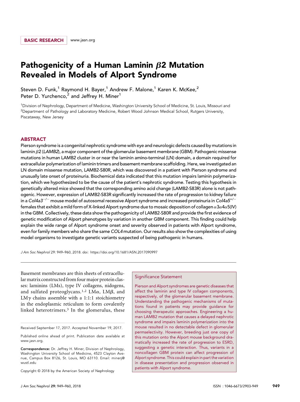 Pathogenicity of a Human Laminin Β2 Mutation Revealed in Models Of