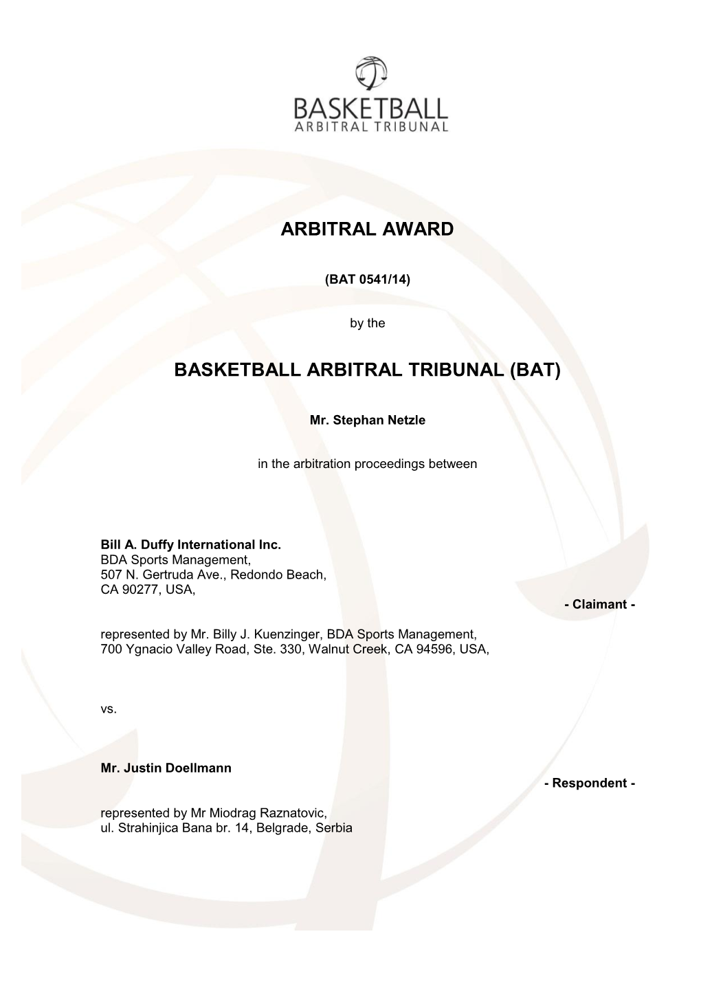 Arbitral Award Basketball Arbitral Tribunal (Bat)