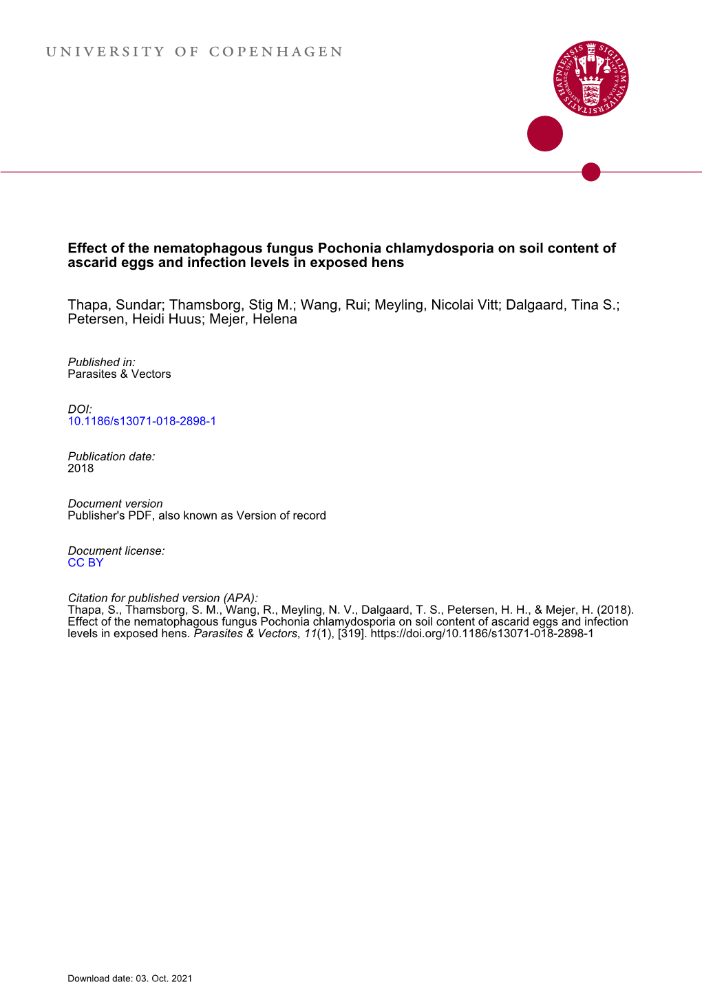 Effect of the Nematophagous Fungus Pochonia Chlamydosporia on Soil Content of Ascarid Eggs and Infection Levels in Exposed Hens