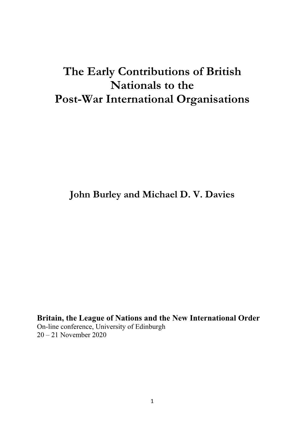 The Early Contributions of British Nationals to the Post-War International Organisations