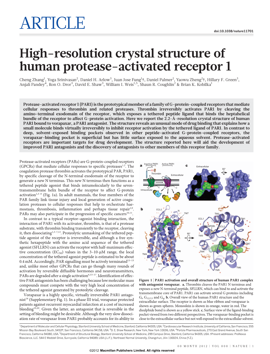 High-Resolution Crystal Structure of Human Protease-Activated Receptor 1