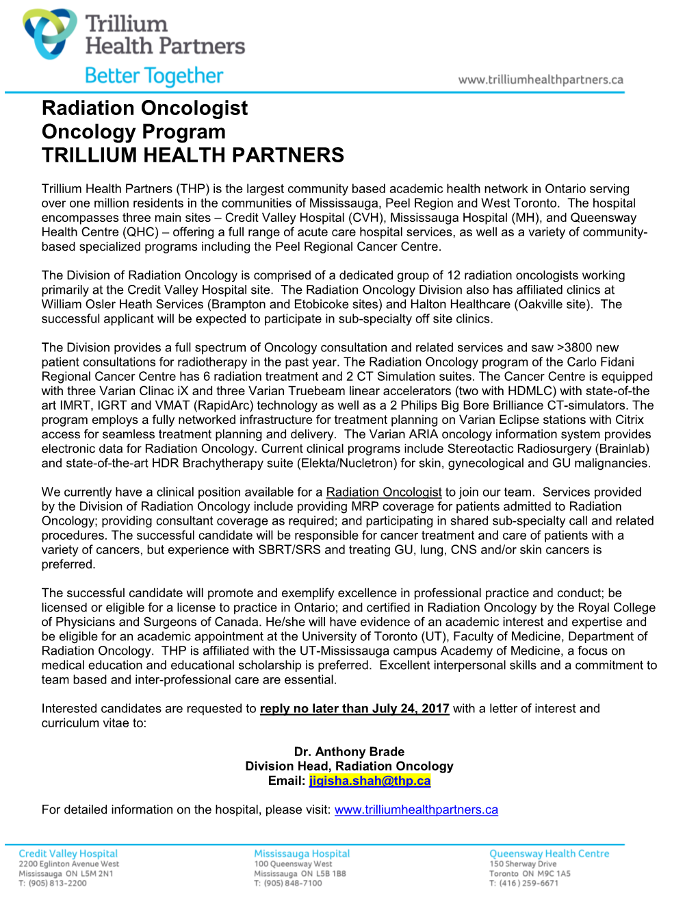 Radiation Oncologist Oncology Program TRILLIUM HEALTH PARTNERS