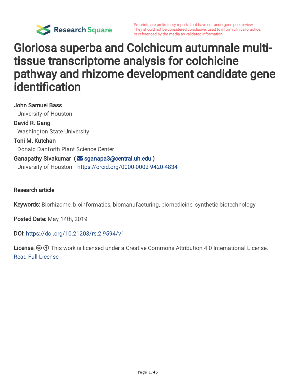 Gloriosa Superba and Colchicum Autumnale Multi- Tissue Transcriptome Analysis for Colchicine Pathway and Rhizome Development Candidate Gene Identifcation