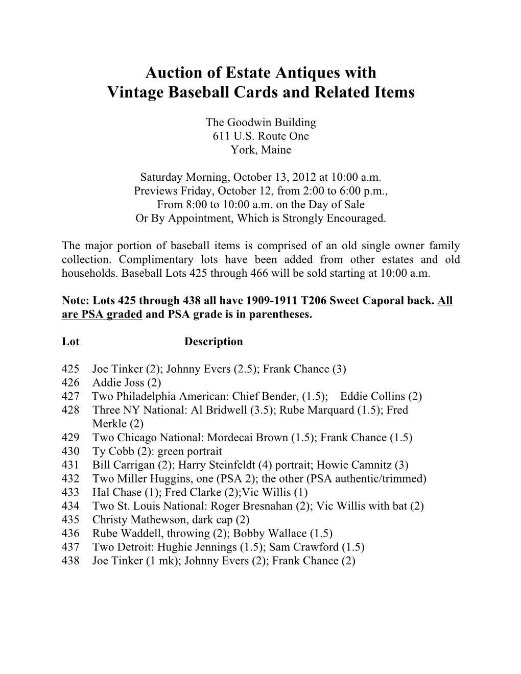 Auction of Estate Antiques with Vintage Baseball Cards and Related Items