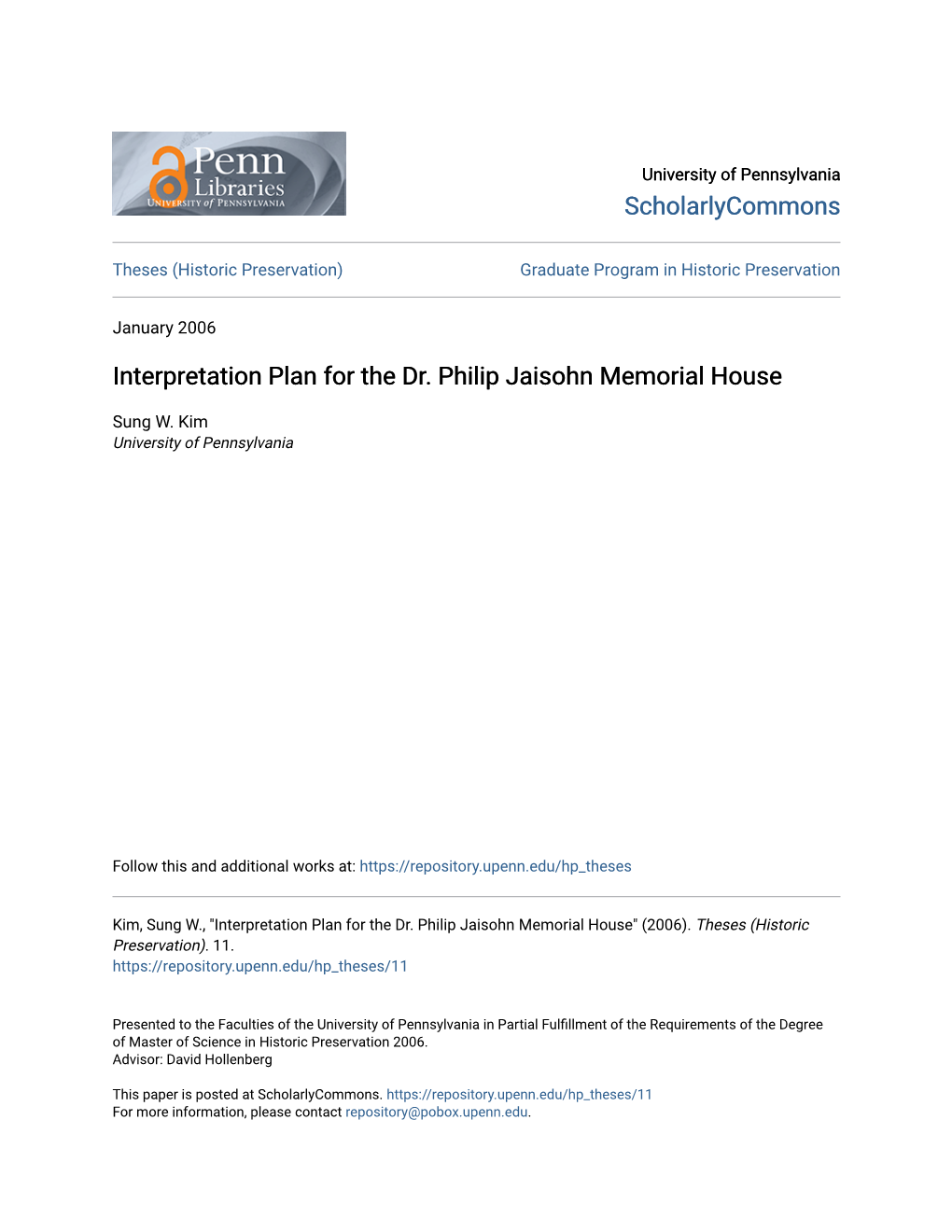 Interpretation Plan for the Dr. Philip Jaisohn Memorial House