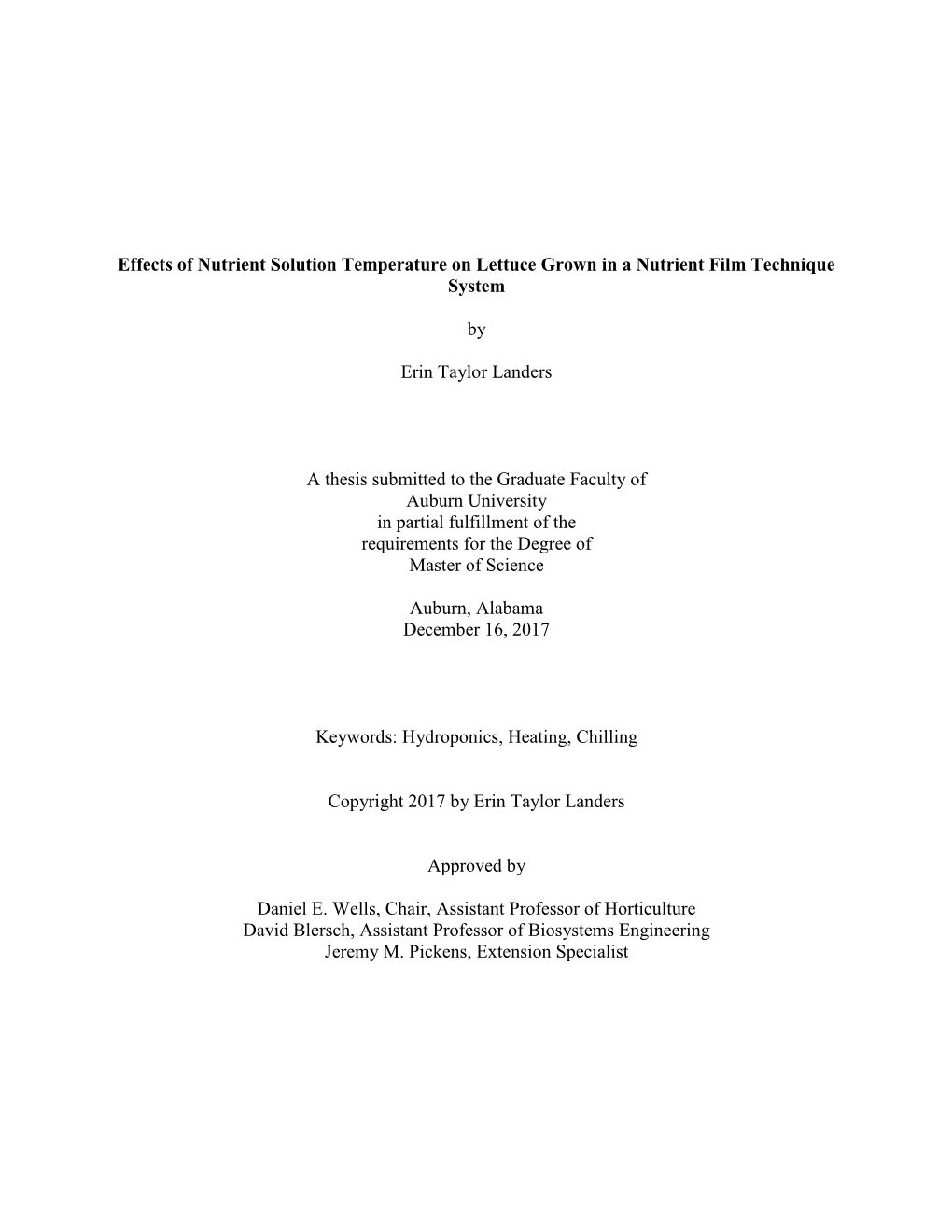 Effects of Nutrient Solution Temperature on Lettuce Grown in a Nutrient Film Technique System