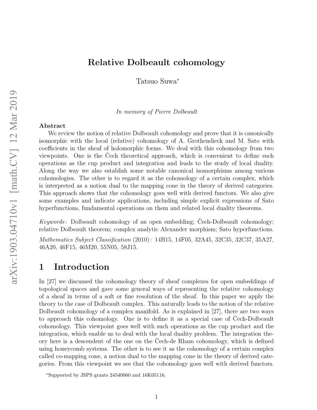 Relative Dolbeault Cohomology Is Canonically Isomorphic with the Local (Relative) Cohomology of A