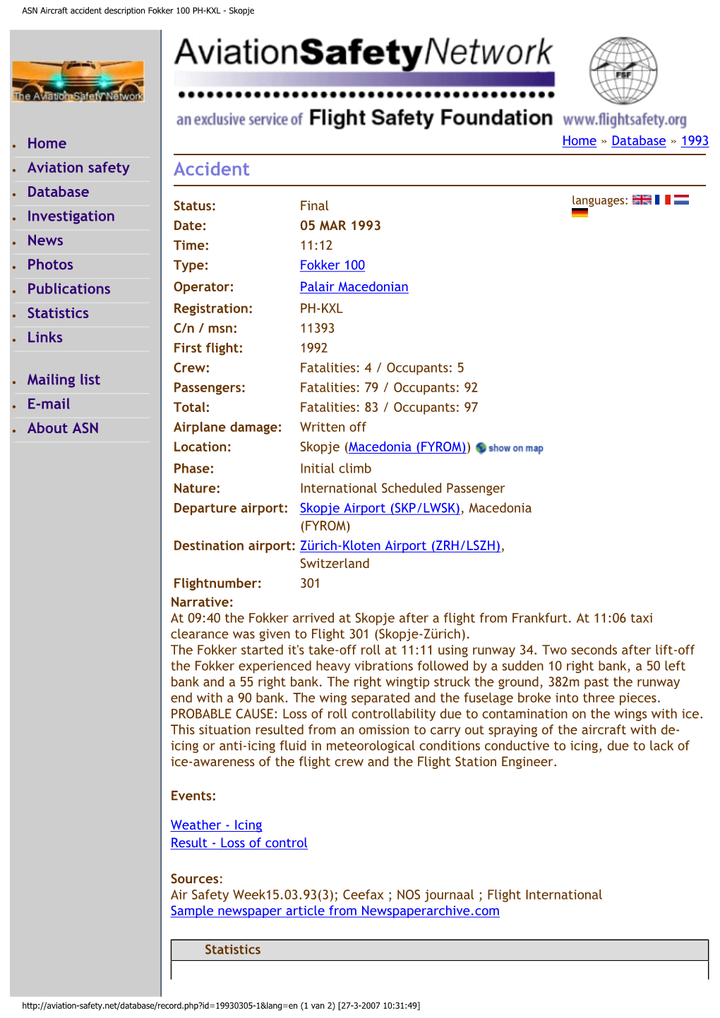 ASN Aircraft Accident Description Fokker 100 PH-KXL - Skopje