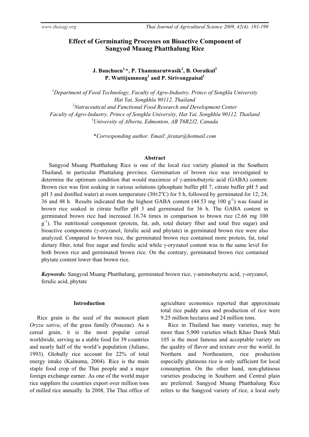 Effect of Germinating Processes on Bioactive Component of Sangyod Muang Phatthalung Rice