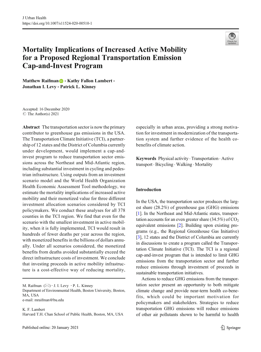 Mortality Implications of Increased Active Mobility for a Proposed Regional Transportation Emission Cap-And-Invest Program