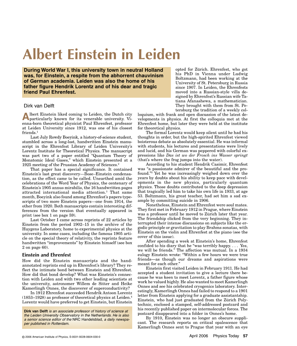 Albert Einstein in Leiden During World War I, This University Town in Neutral Holland Opted for Zürich