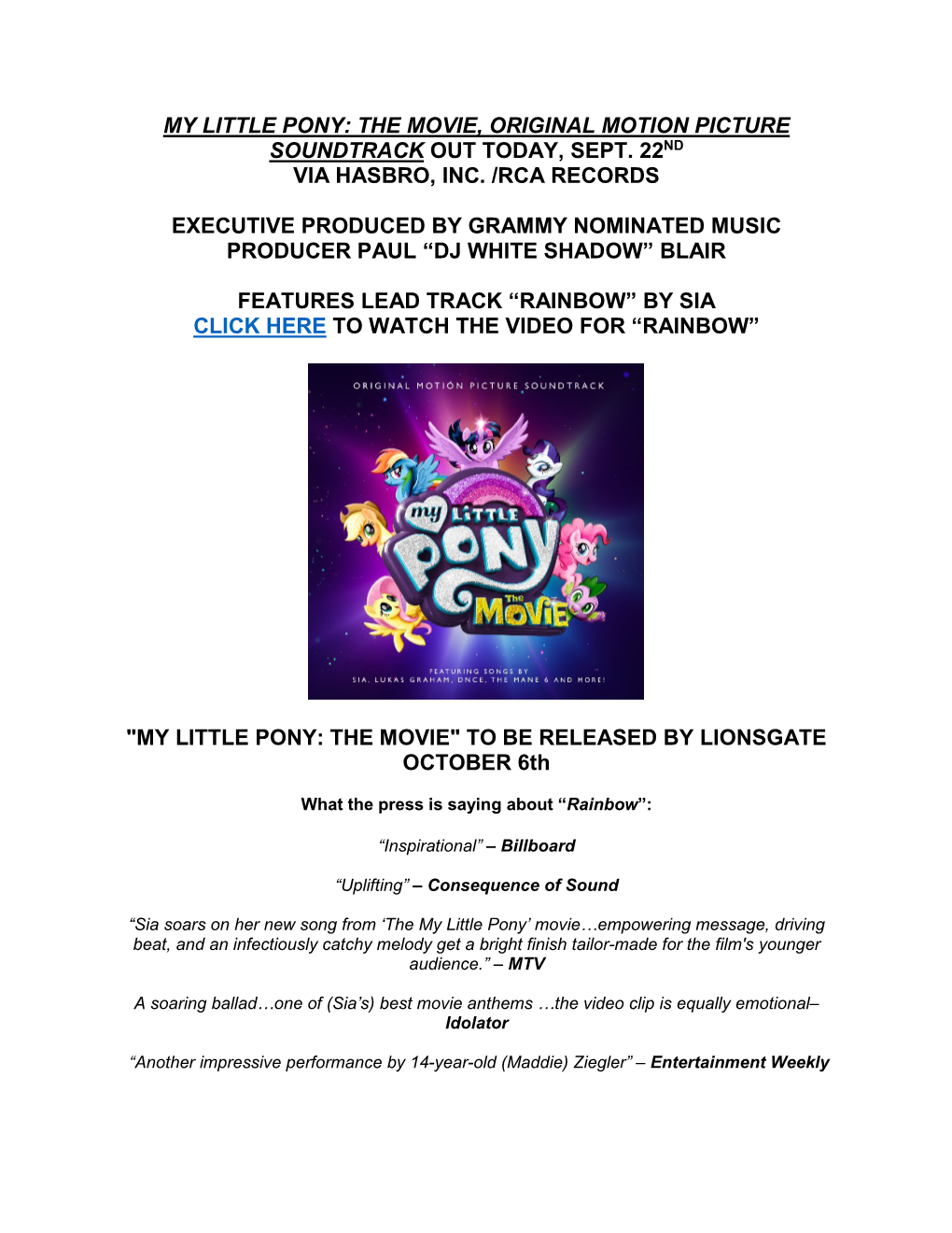 My Little Pony: the Movie, Original Motion Picture Soundtrack out Today, Sept