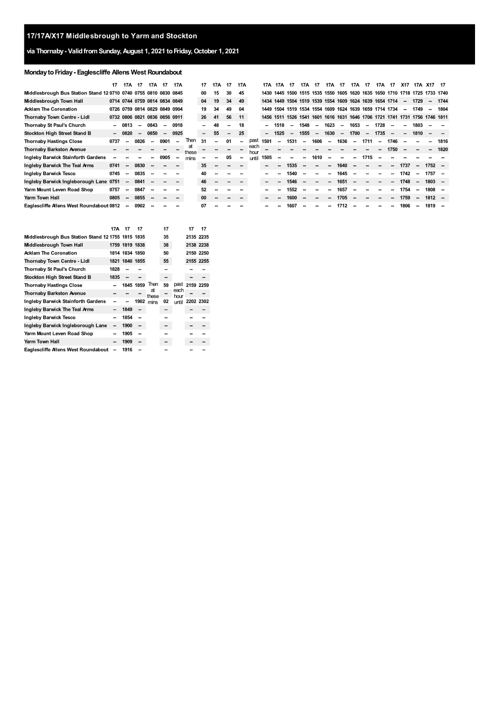17/17A/X17 Middlesbrough to Yarm and Stockton Via Thornaby - Valid from Sunday, August 1, 2021 to Friday, October 1, 2021