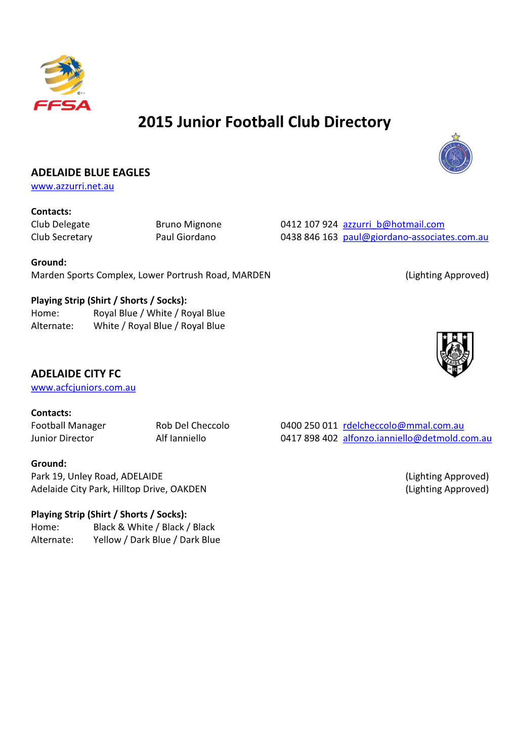 2015 Junior Football Club Directory