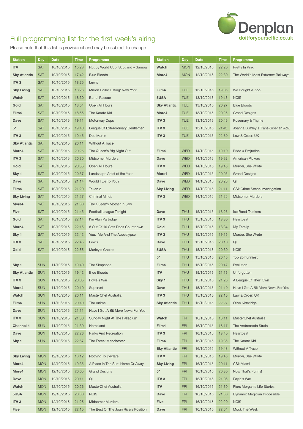 Full Programming List for the First Week's Airing