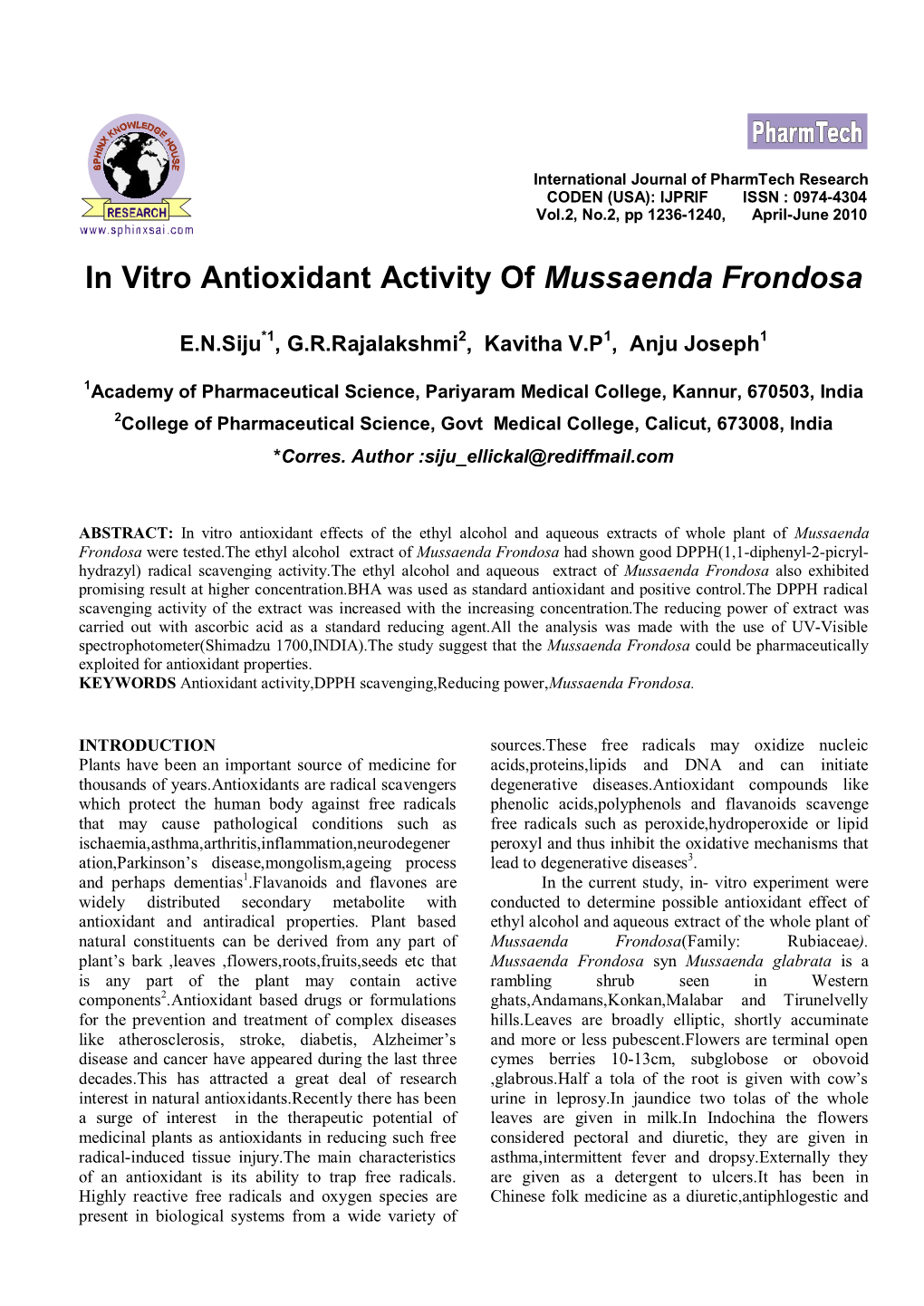 In Vitro Antioxidant Activity of Mussaenda Frondosa