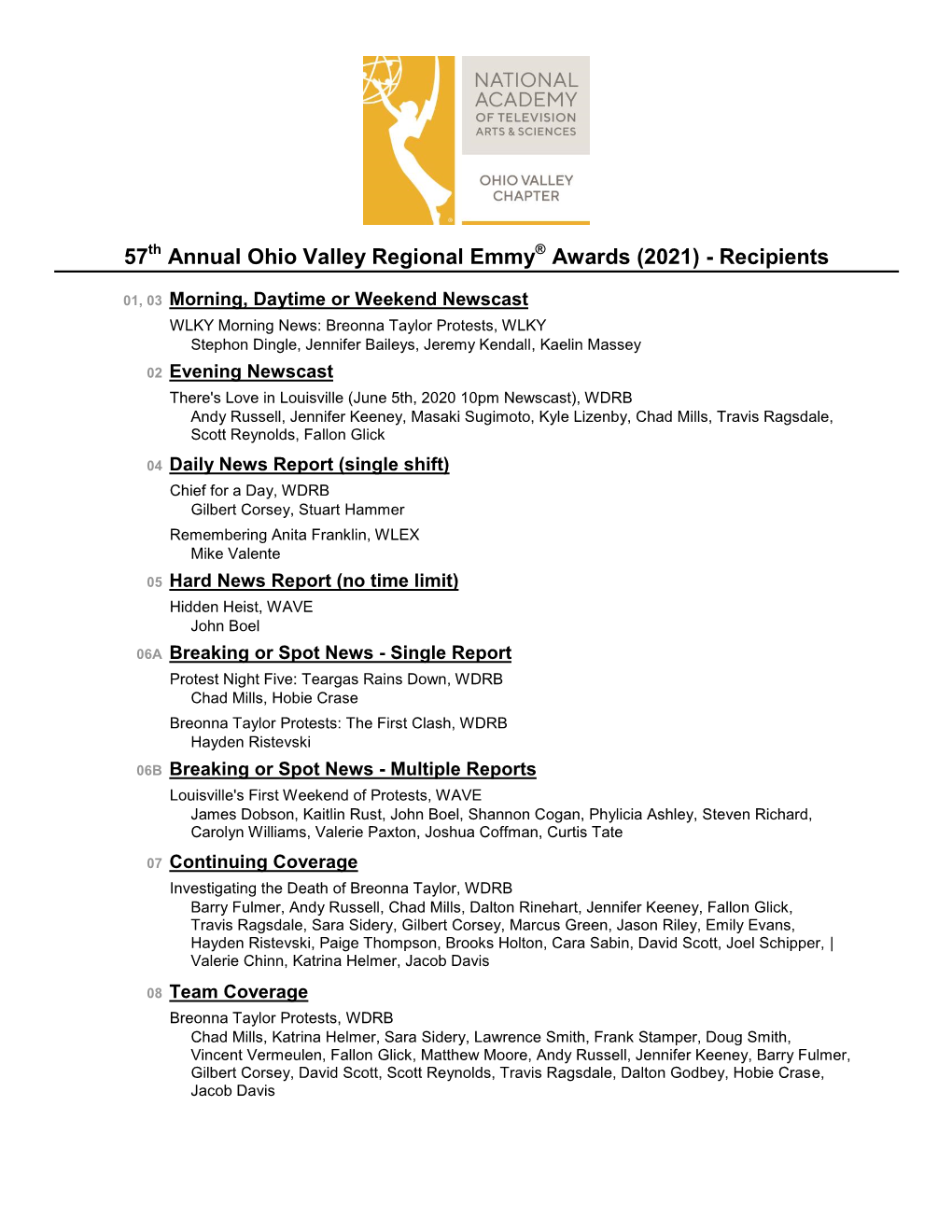 57 Annual Ohio Valley Regional Emmy Awards (2021)