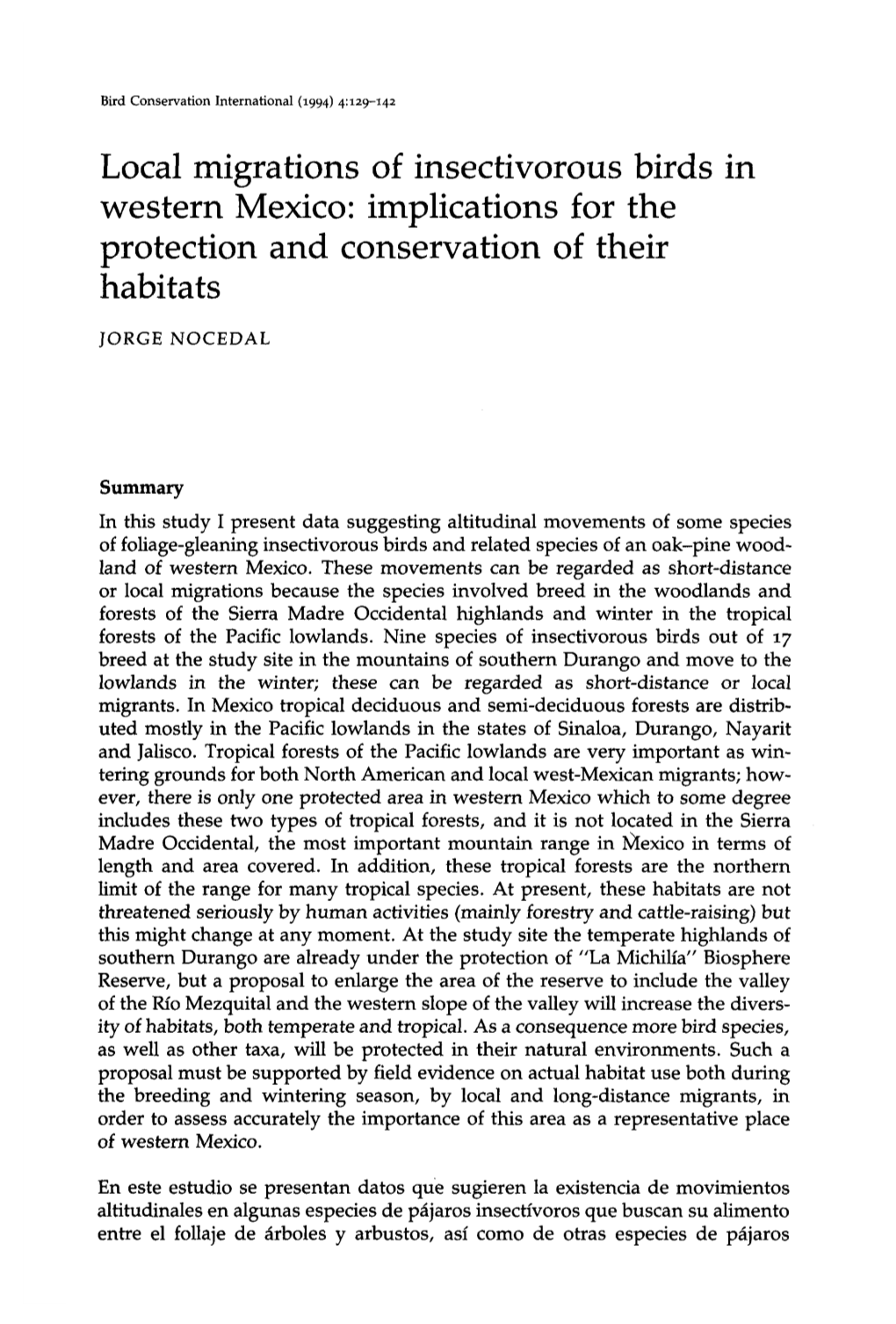 Local Migrations of Insectivorous Birds in Western Mexico: Implications for the Protection and Conservation of Their Habitats