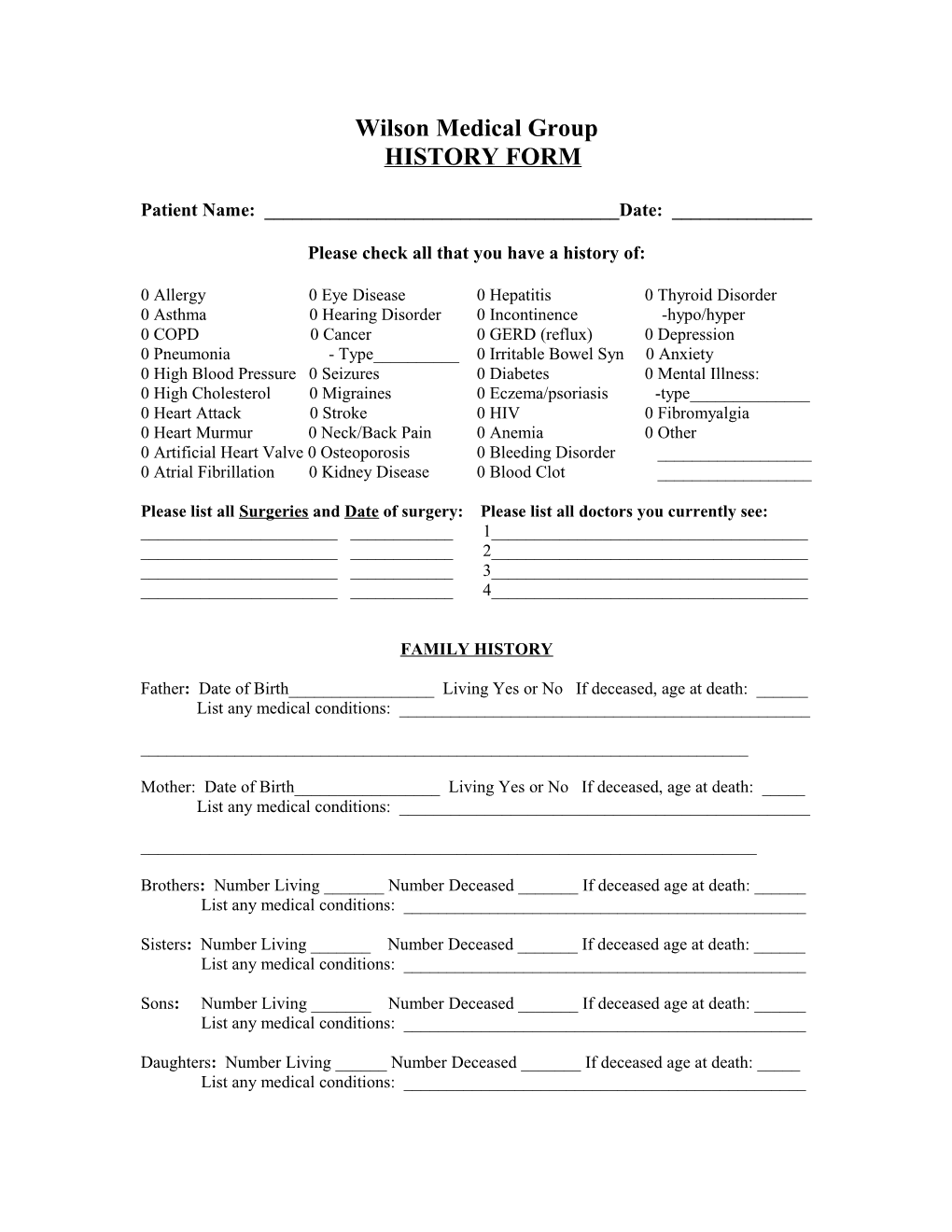 Wilson Medical Group Medical History Form