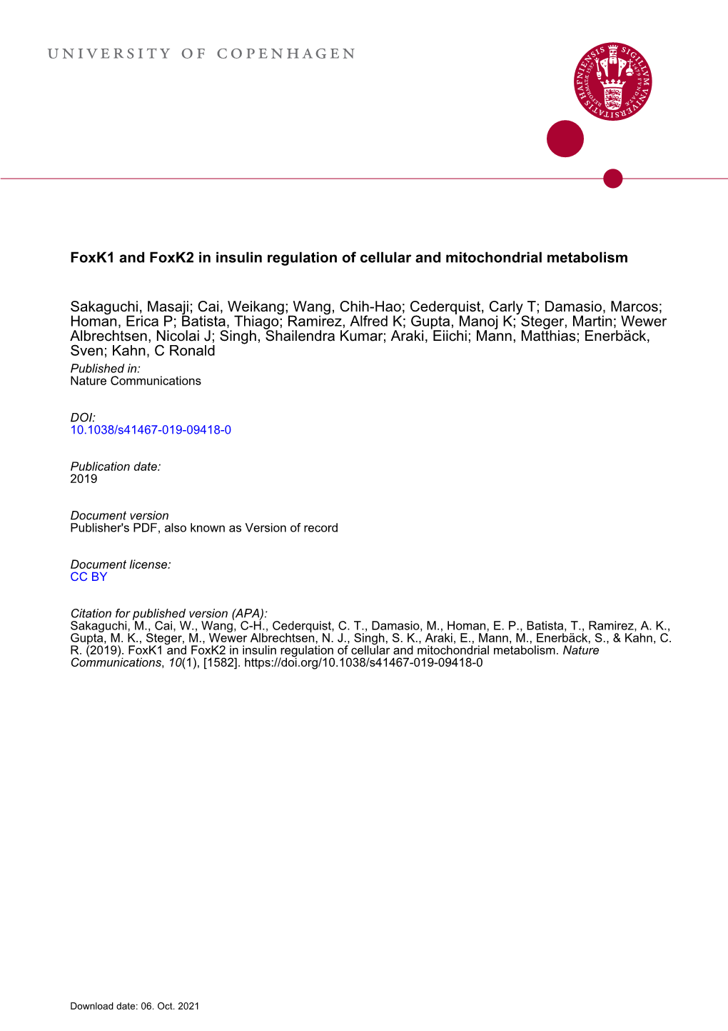 Foxk1 and Foxk2 in Insulin Regulation of Cellular and Mitochondrial Metabolism