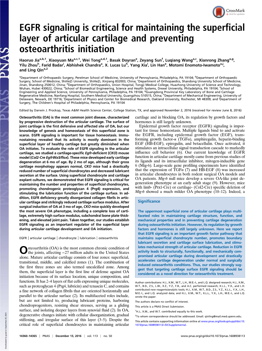 EGFR Signaling Is Critical for Maintaining the Superficial Layer of Articular Cartilage and Preventing Osteoarthritis Initiation