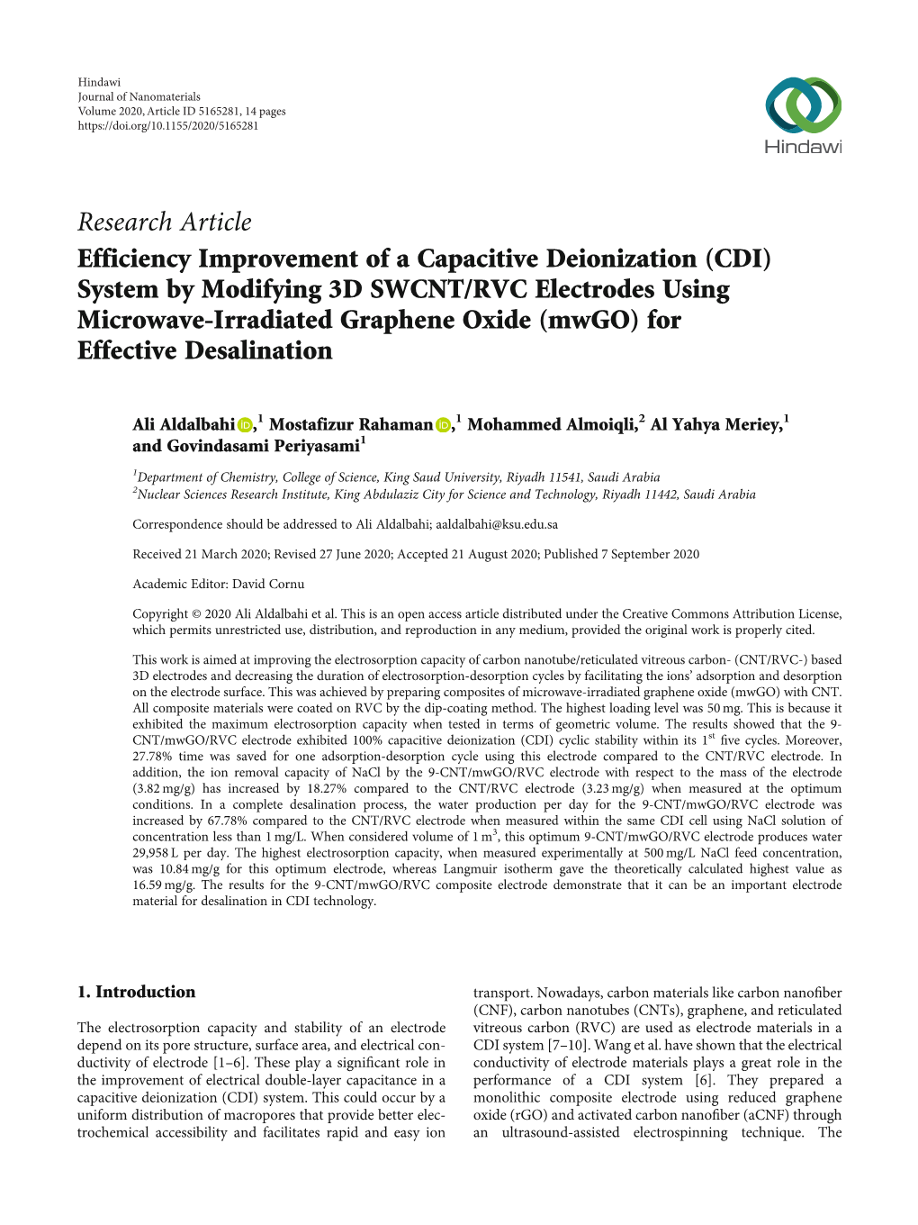 (CDI) System by Modifying 3D SWCNT/RVC Electrodes Using Microwave-Irradiated Graphene Oxide (Mwgo) for Effective Desalination