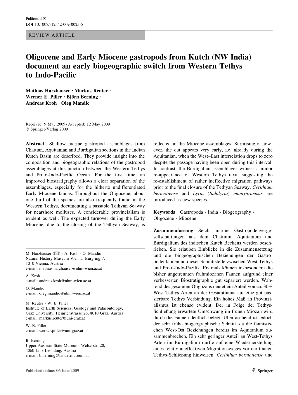 Oligocene and Early Miocene Gastropods from Kutch (NW India) Document an Early Biogeographic Switch from Western Tethys to Indo-Paciﬁc