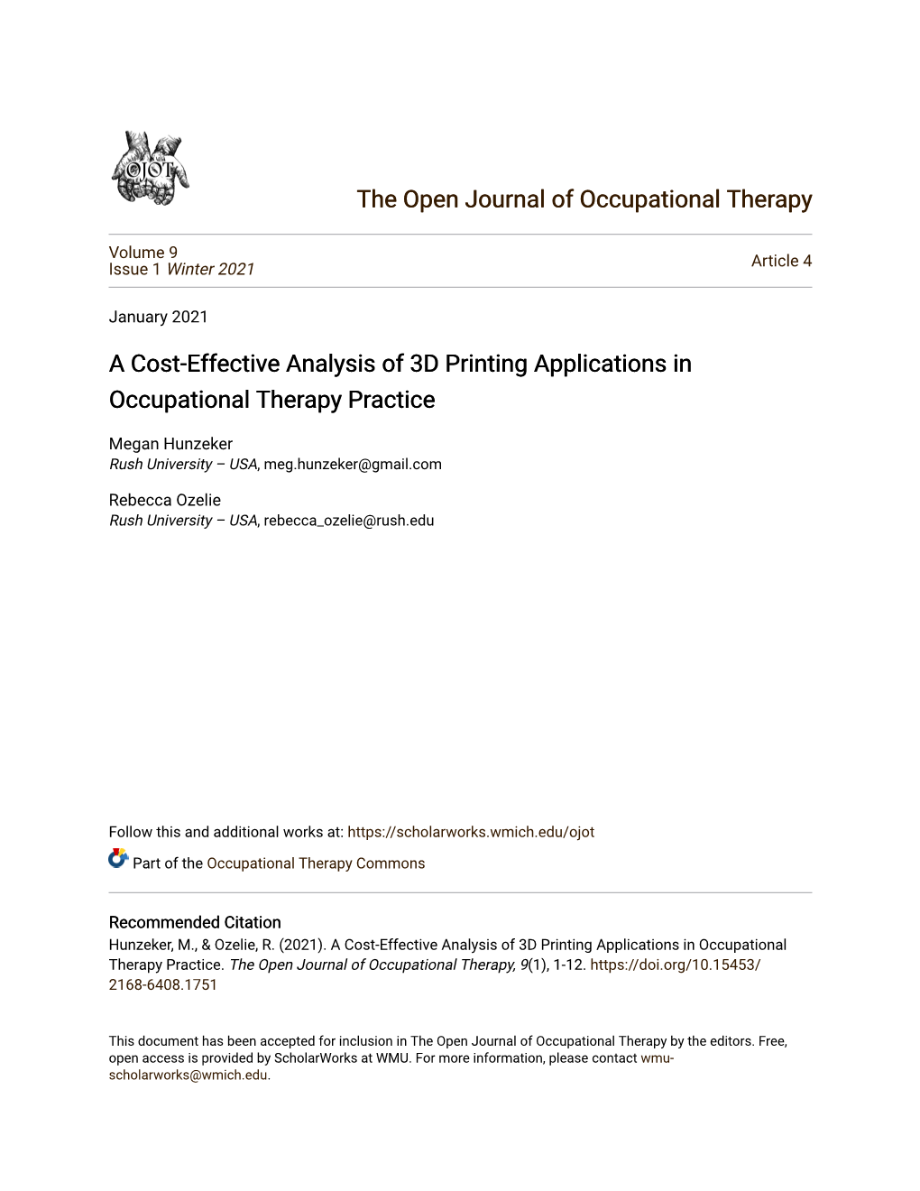 A Cost-Effective Analysis of 3D Printing Applications in Occupational Therapy Practice