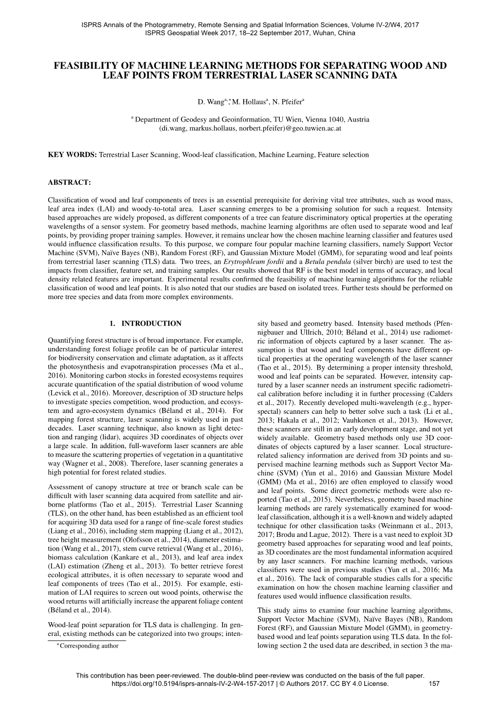 Feasibility of Machine Learning Methods for Separating Wood and Leaf Points from Terrestrial Laser Scanning Data