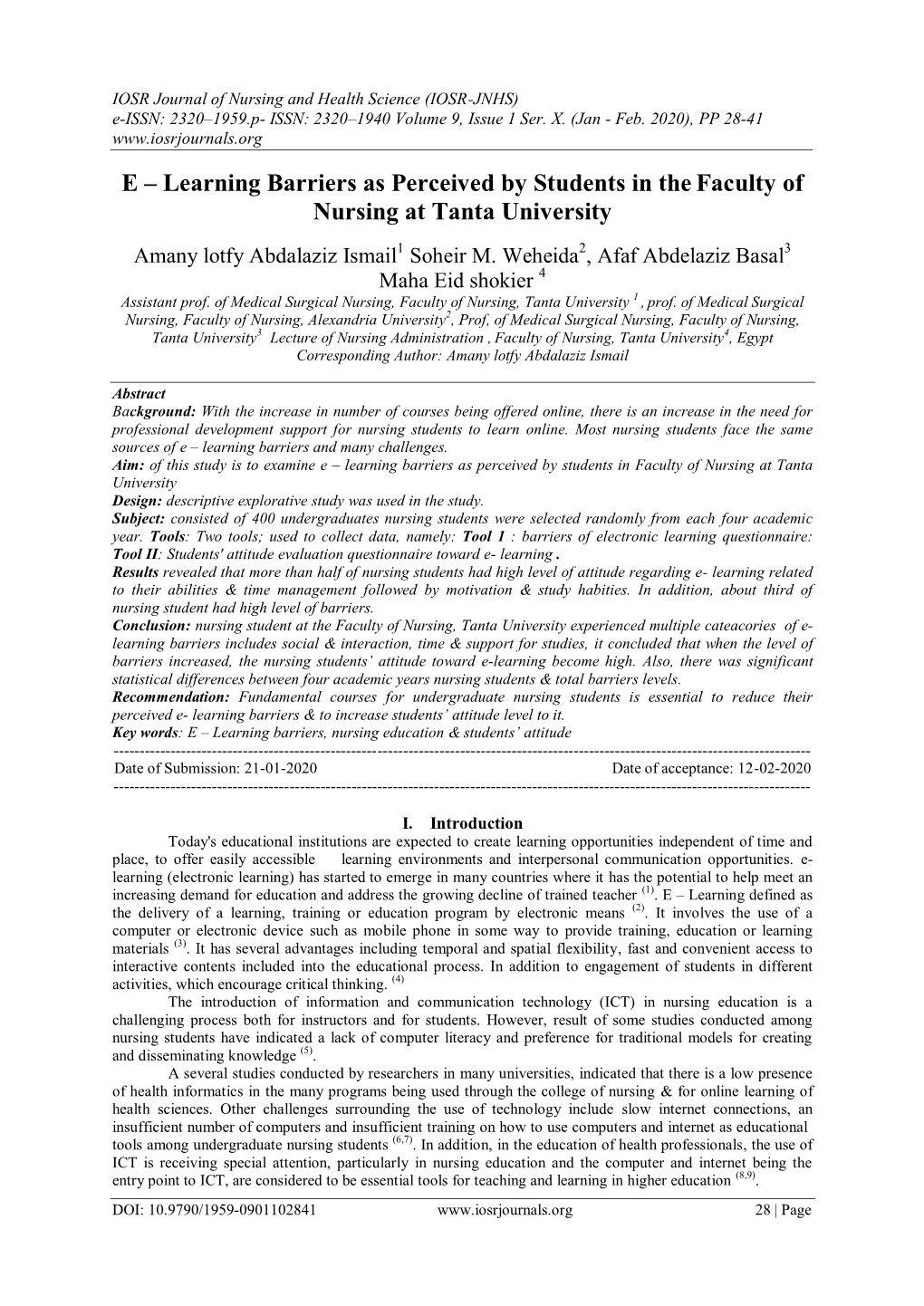 E – Learning Barriers As Perceived by Students in Thefaculty of Nursing At