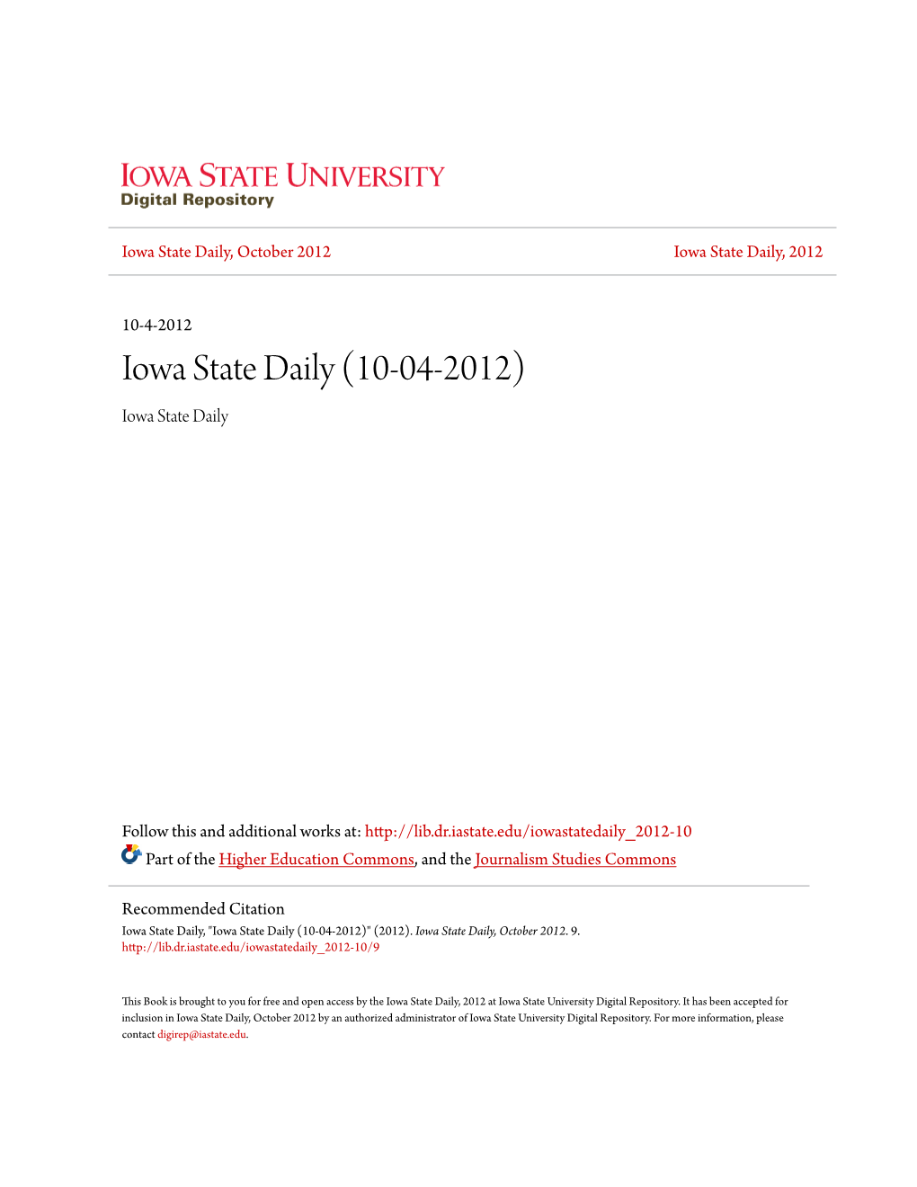 Iowa State Daily (10-04-2012) Iowa State Daily