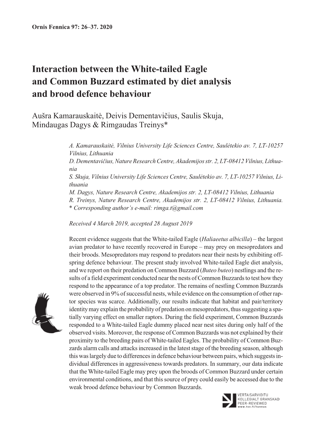 Interaction Between the White-Tailed Eagle and Common Buzzard Estimated by Diet Analysis and Brood Defence Behaviour