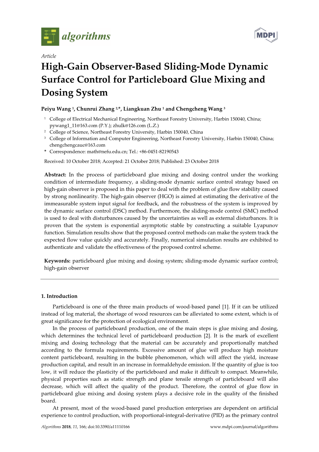 High-Gain Observer-Based Sliding-Mode Dynamic Surface Control for Particleboard Glue Mixing and Dosing System