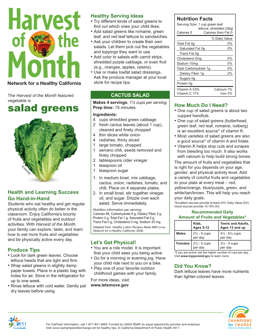 Salad Greens to Nutrition Facts Serving Size: 1 Cup Green Leaf Find out Which Ones Your Child Likes