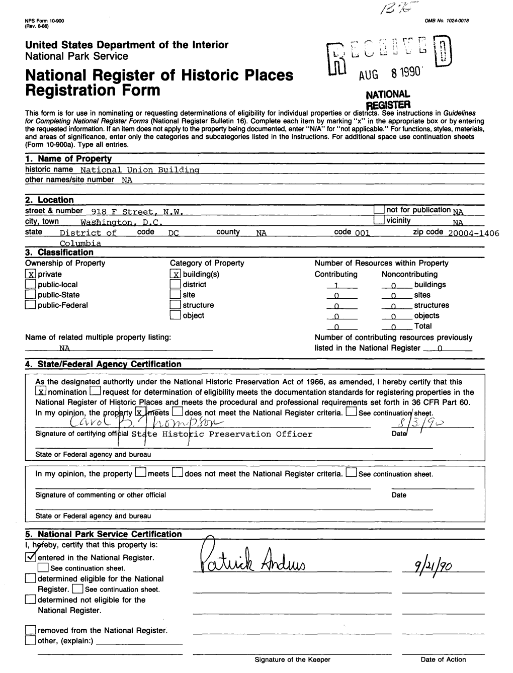 National Register of Historic Places Continuation Sheet National Union Building Washington, B.C