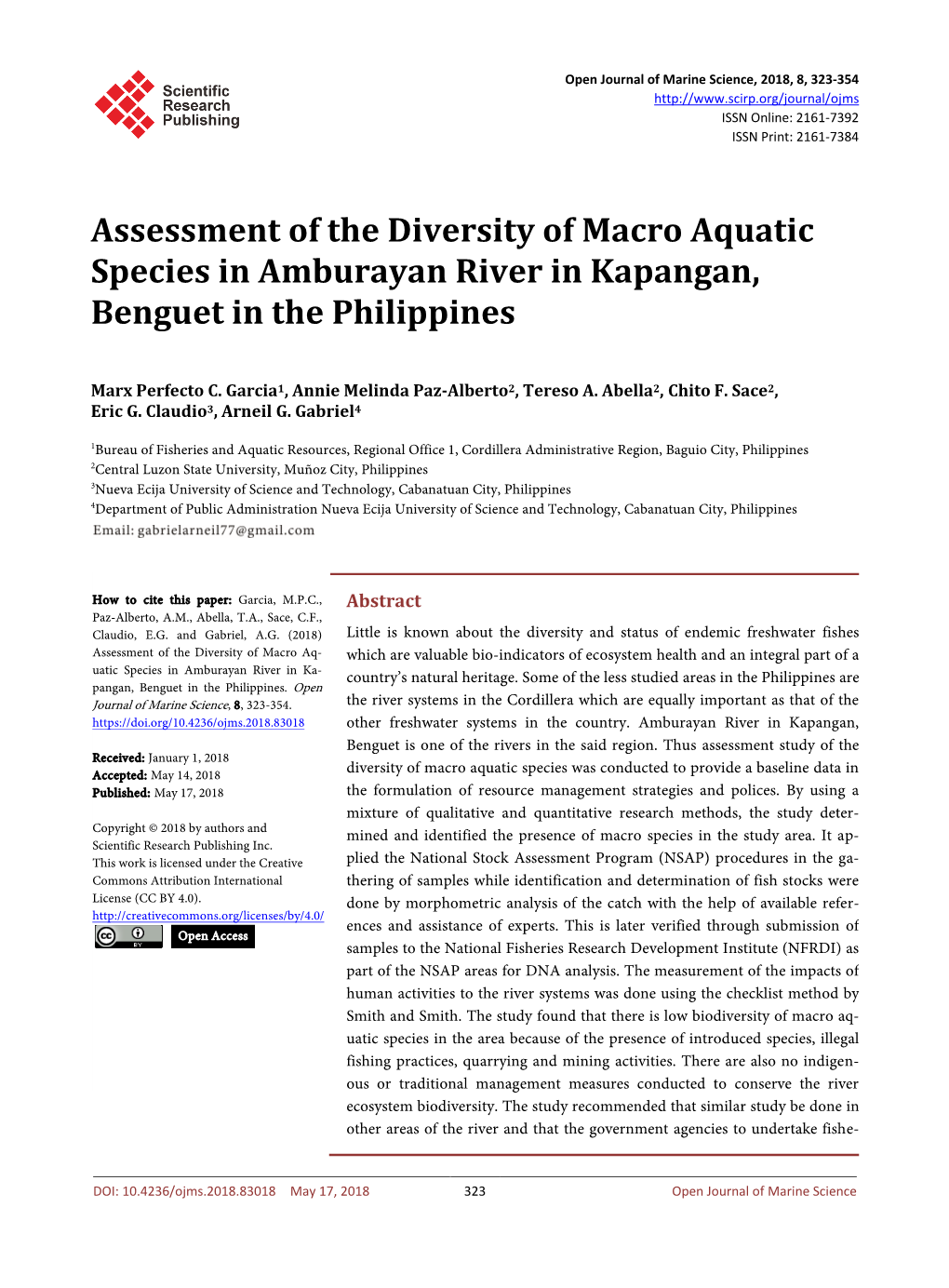Assessment of the Diversity of Macro Aquatic Species in Amburayan River in Kapangan, Benguet in the Philippines