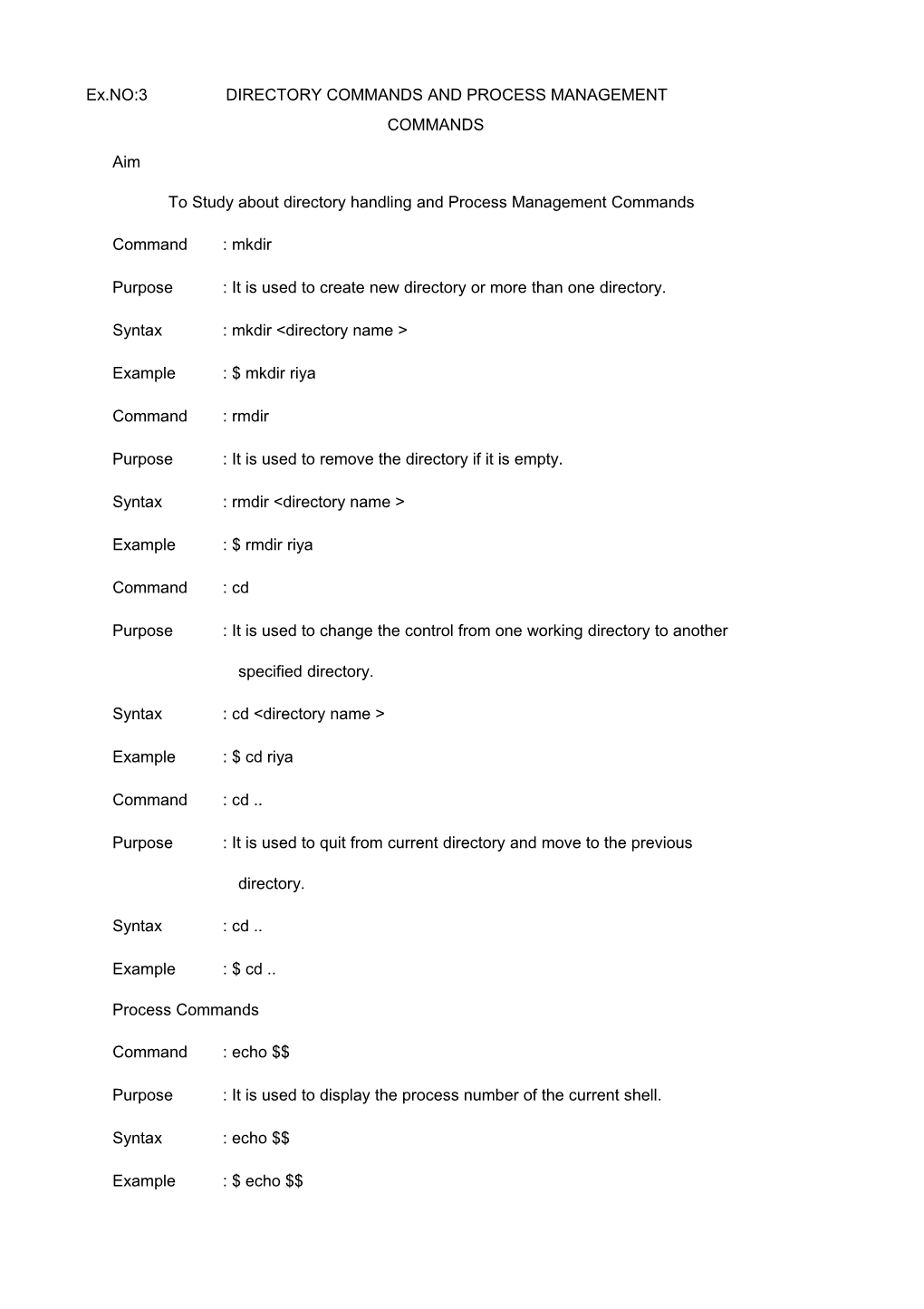 Ex.NO:3DIRECTORY COMMANDS and PROCESS MANAGEMENT