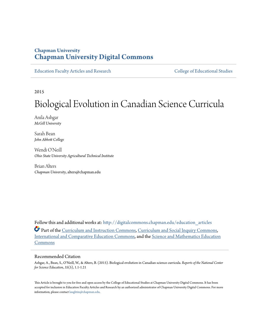 Biological Evolution in Canadian Science Curricula Anila Ashgar Mcgill University