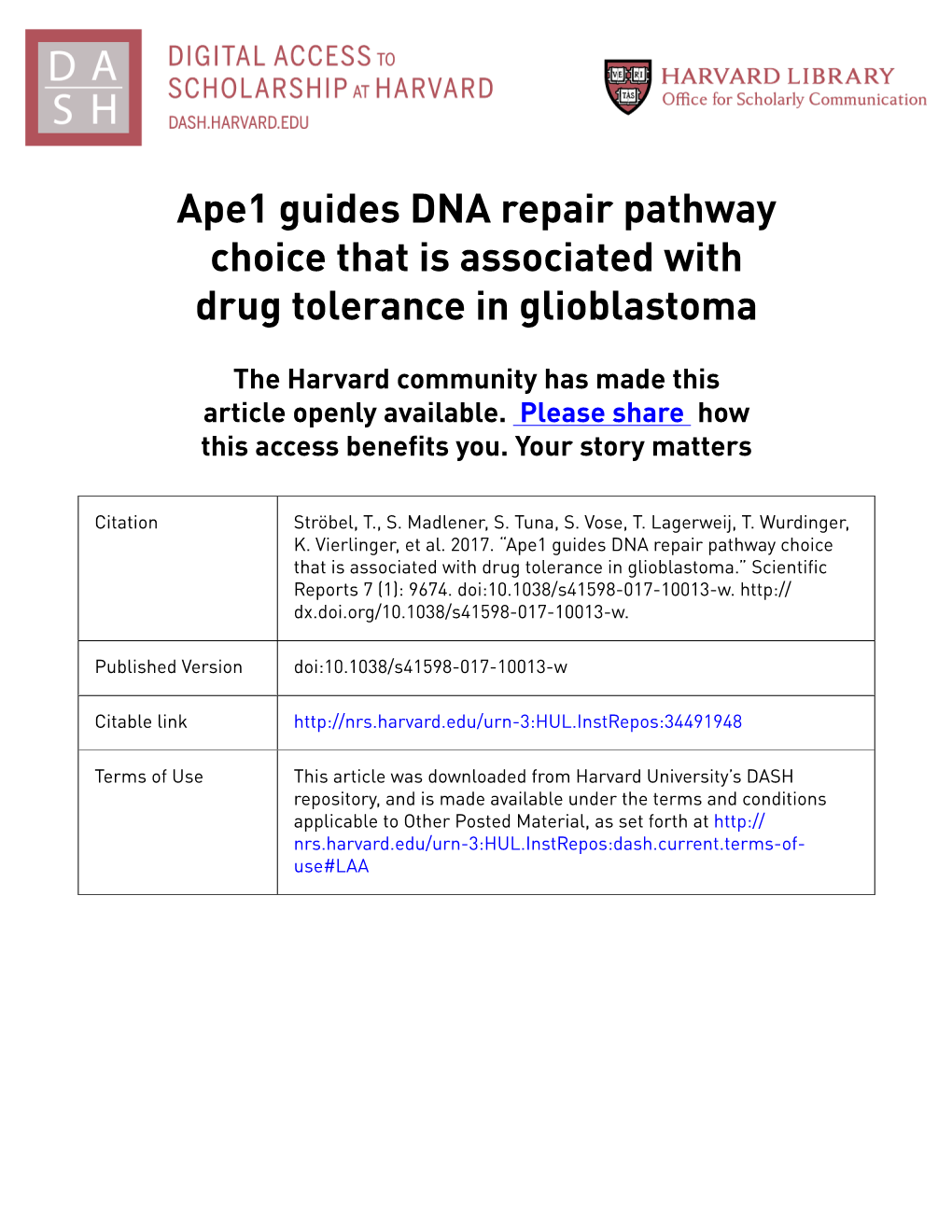 Ape1 Guides DNA Repair Pathway Choice That Is Associated with Drug Tolerance in Glioblastoma