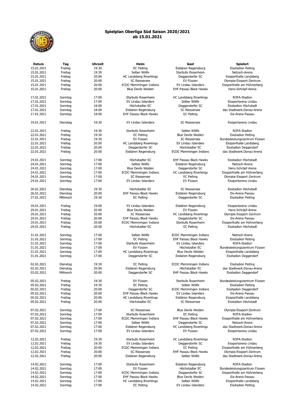 Spielplan Oberliga Süd Saison 2020/2021 Ab 15.01.2021