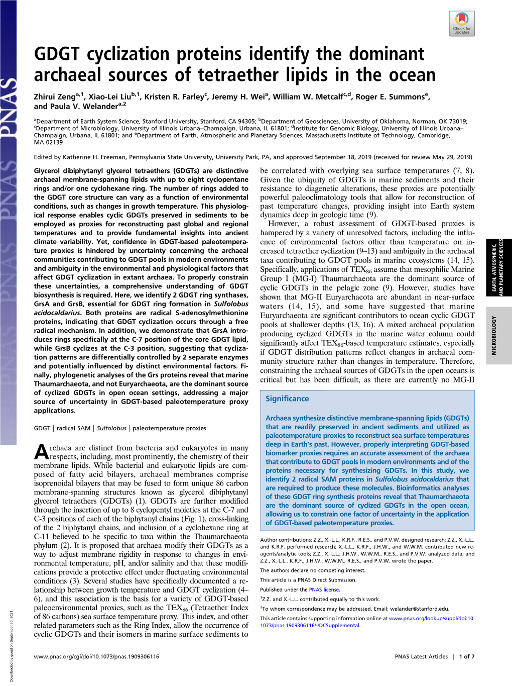 GDGT Cyclization Proteins Identify the Dominant Archaeal Sources of Tetraether Lipids in the Ocean