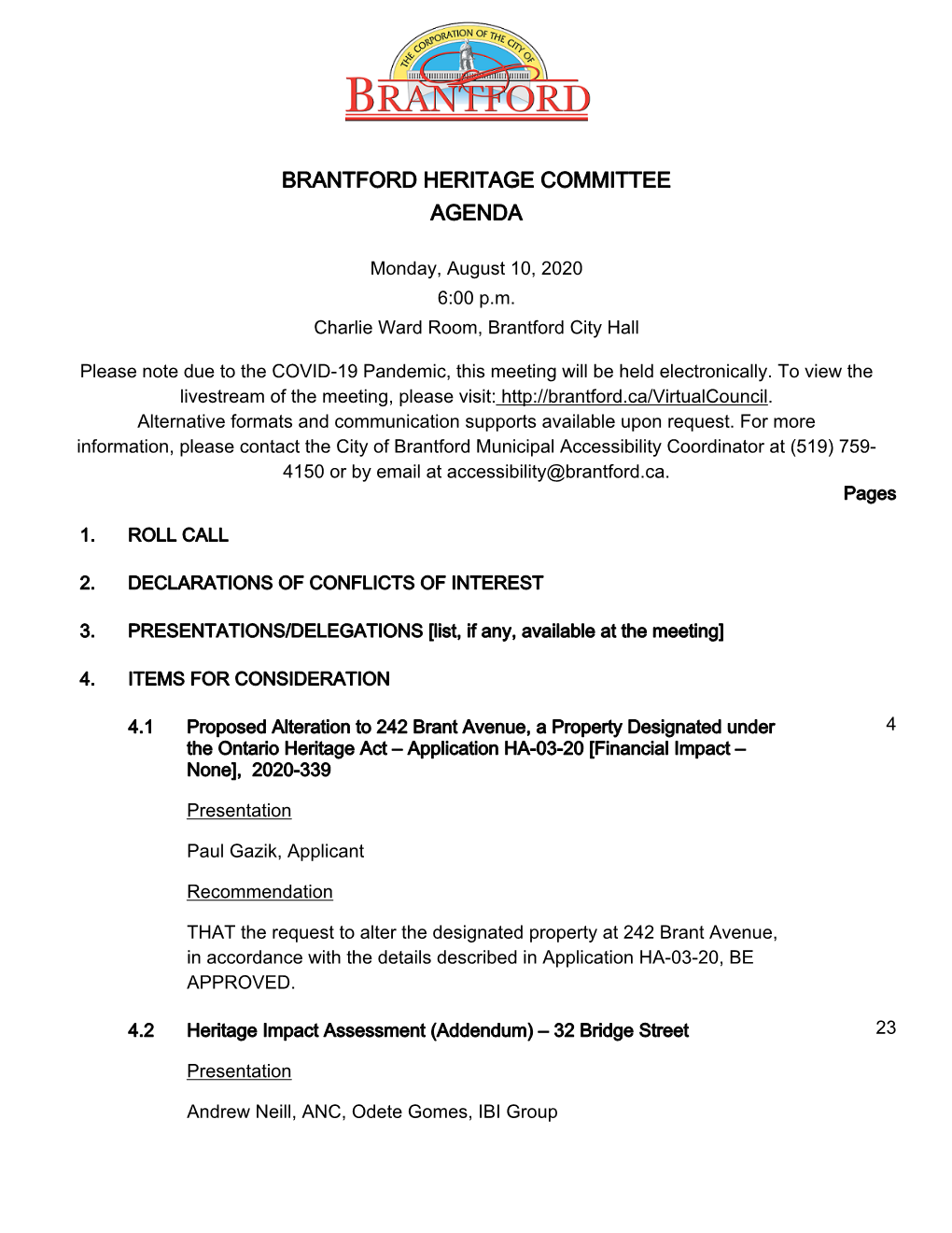 Brantford Heritage Committee Agenda Package