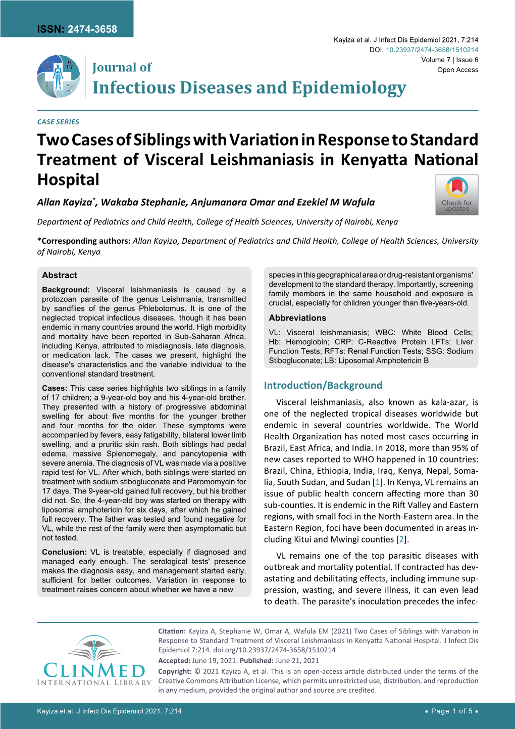 Two Cases of Siblings with Variation in Response to Standard Treatment of Visceral Leishmaniasis in Kenyatta National Hospital