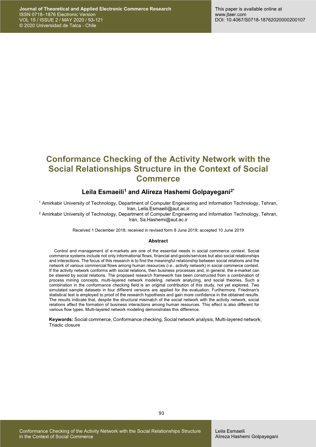 Conformance Checking of the Activity Network with the Social