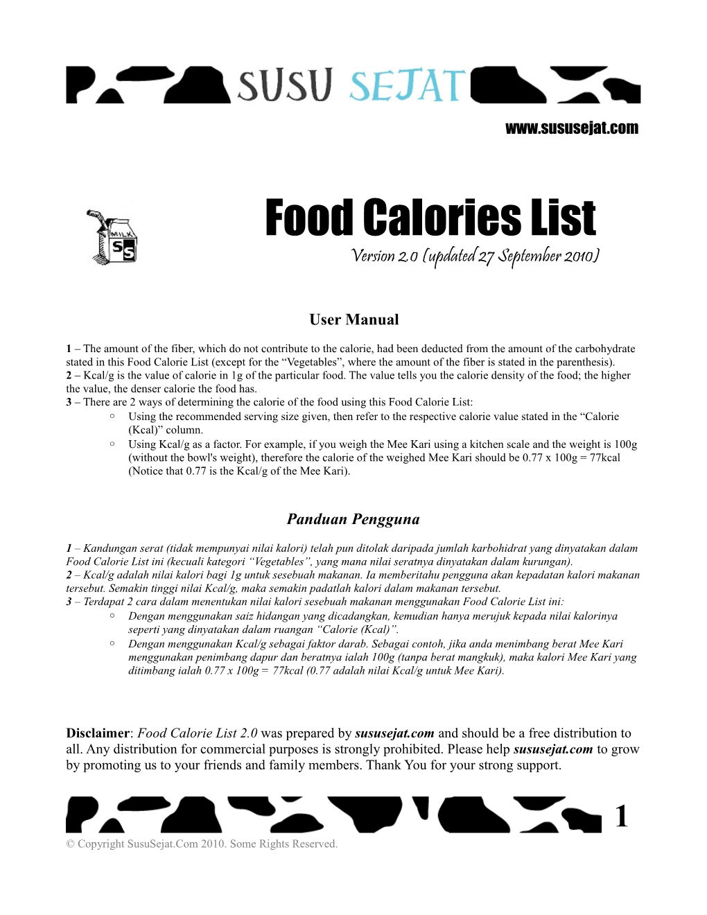 Food Calories List Version 2.0 (Updated 27 September 2010)