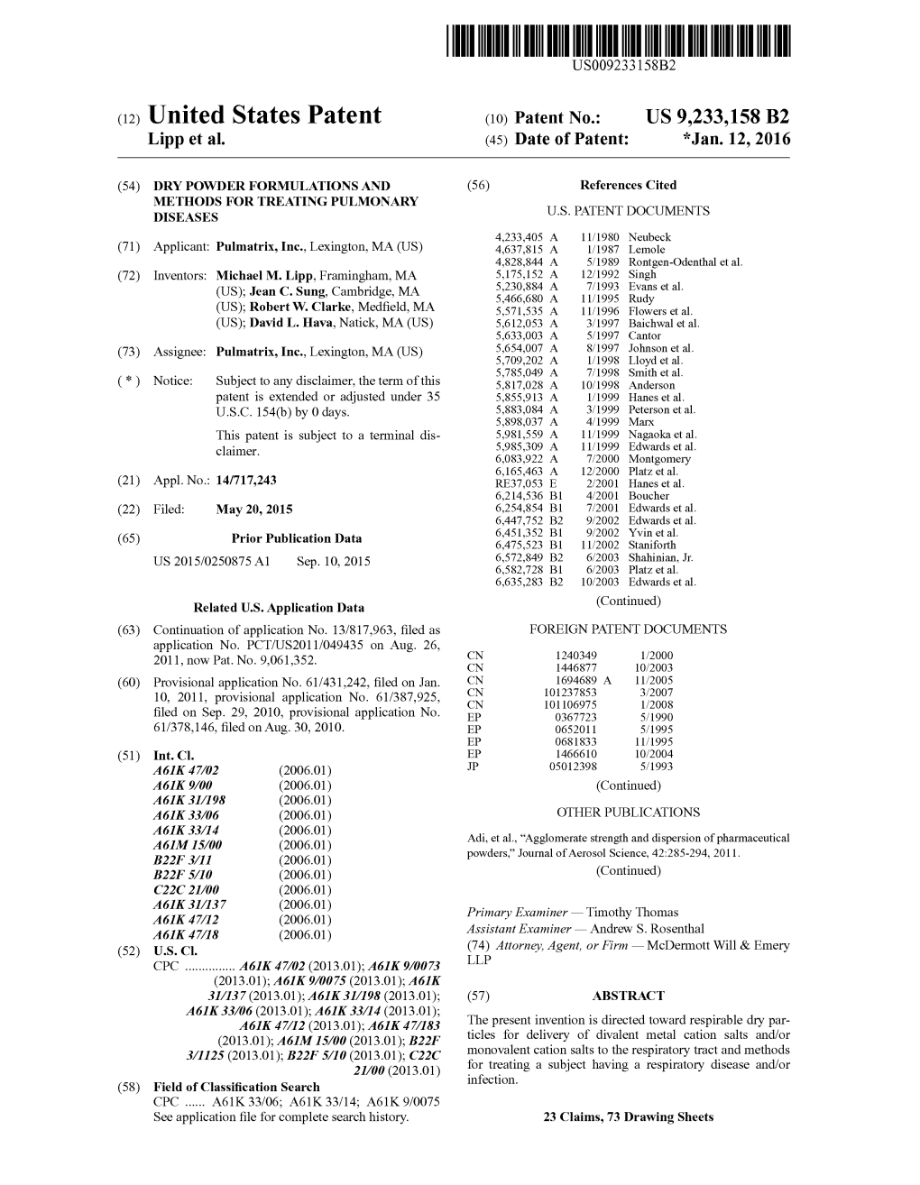 (12) United States Patent (10) Patent No.: US 9.233,158 B2 Lipp Et Al