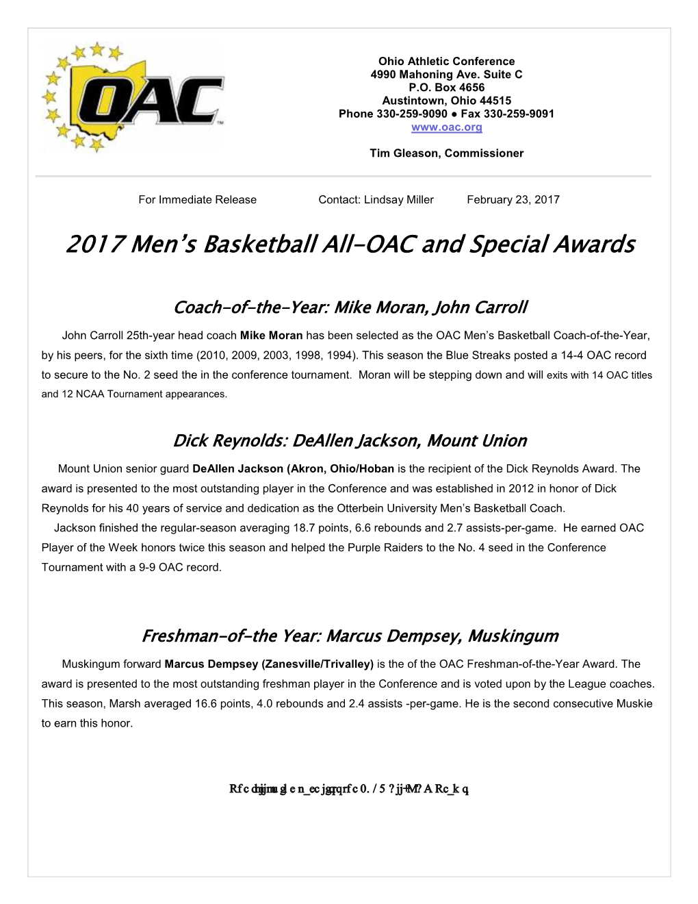 2017 Men's Basketball All-OAC and Special Awards